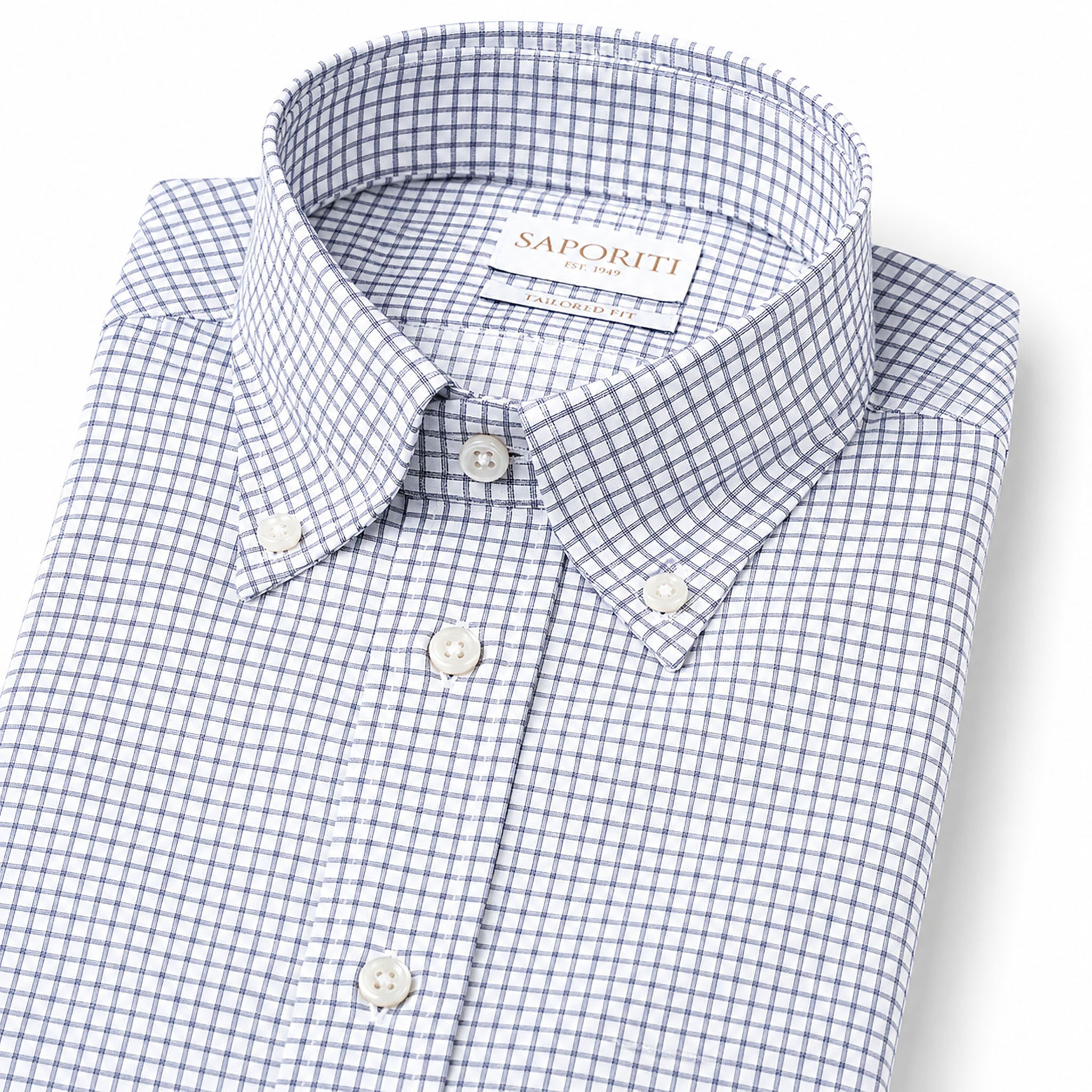 Camicia Uomo 100% Cotone Popeline Tailored Fit a quadretii White & Blue