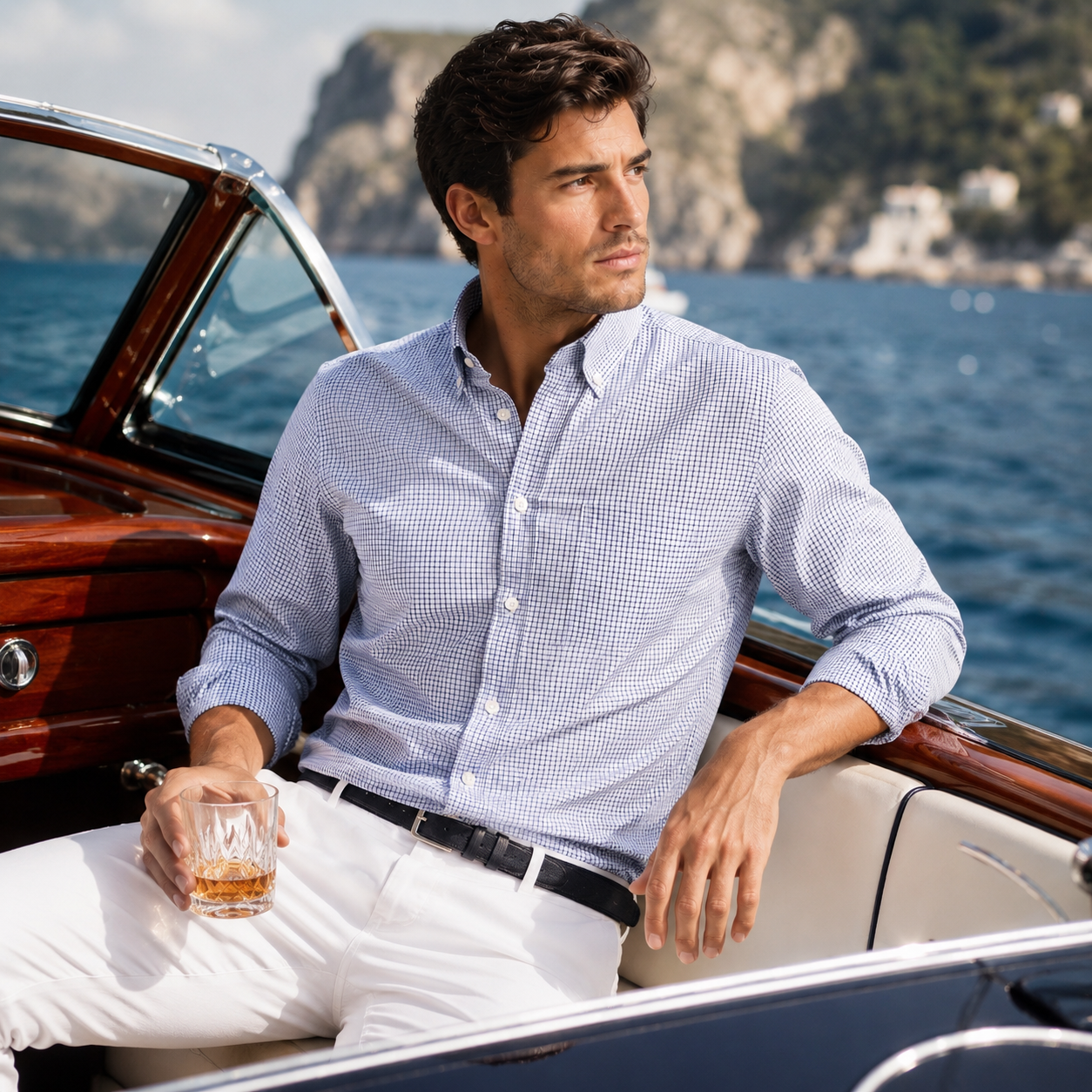 Camicia Uomo 100% Cotone Popeline Tailored Fit a quadretii White & Blue